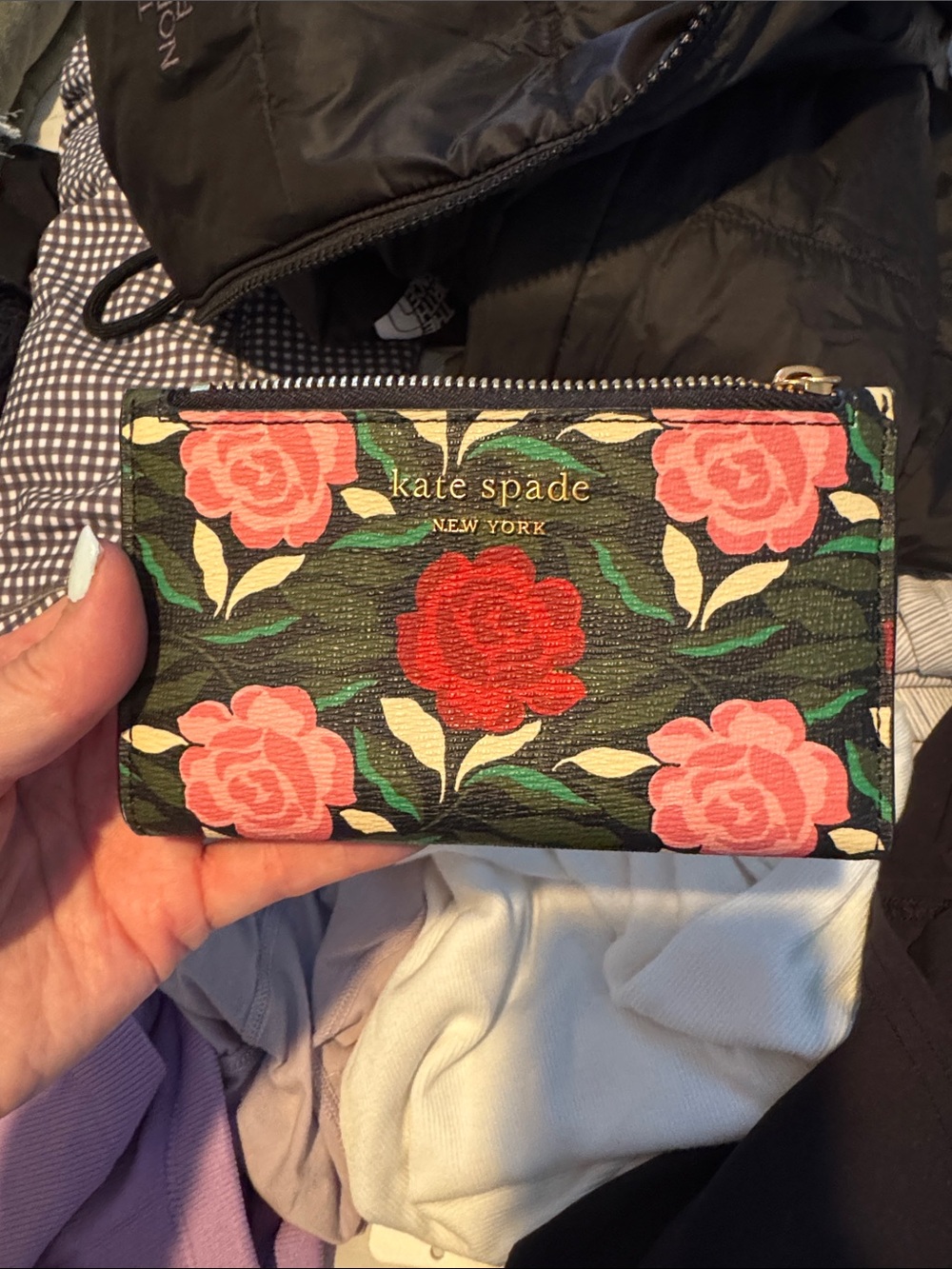 kate spade floral zip card case wallet in black, pink and red